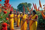 Bangladeshi women in yellow sarees joyfully celebrating Pahela Falgun under blooming Palash flowers, with bright skies and lush greenery all around