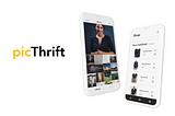 picThrift header image. Camera library screen and a clothes that match screen in white iphone mockups