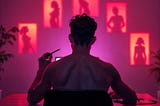 AI image showing a digital artist in his studio creating nude art images