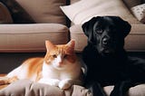 picture of a cat and a dog sitting on a cushion, there a red piece of yard on the floor near them,