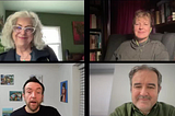 A video call with four participants, each in a separate frame. Three people smile. Debra, Erika and Antonio smile, while Neilspeaks, fostering human conversation. Backgrounds show bookshelves, artwork, sunlight through windows, and an #AXSChat logo in the top left corner.