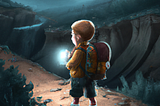 A boy with a backpack walking through a mountain, torch on a hand, wide angle view, digital art