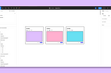 Figma canvas showing three cards with a purple, pink, and teal center and the background color is the same purple