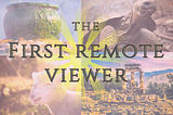 Images of a cauldron, a tortoise, a lamb, and the ruins of the Temple of Apollo at Delphi, overlaid with a yellow sunburst design and the title text: "The First Remote Viewer"