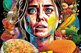 A woman’s face surrounded by piles of food with the title Pure