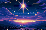 A starry night sky with one especially bright star, like the North Star, above a landscape with trees and occasional houses.