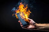 Burning smartphone and hand representing social media backlash, with screen and black background, burning