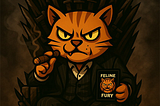Image of Tony Whiskers, looking very stoic, while he sits on the Iron Throne holding his Feline Fury TCG cards.