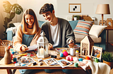 Two Roommates sitting on a sofa and making craft items for home decor