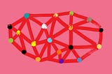 Graphic is a dark pink background with abstract color dots connected by red lines.