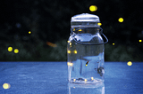 A large glass jar with small fireflies flying in and around it.