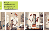 A screenshot of Canva’s output; the style is ‘concept art’, the prompt is ‘create a sketch of a young adult who is learning to juggle’. Below are 4 sketches of a young white male learning to juggle.