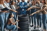 A group of people talking about tires.