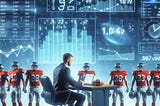 A product manager working in the foreground with football players and a giant screen with data and charts in the background