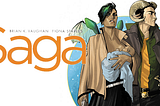 Os dois protagonistas de Saga: Alana, uma mulher de pele morena com asas meio de mariposa carregando um bebê; e Marko, um cara branco de chifres meio de carneiro.