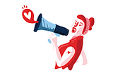 Woman speaking into a megaphone, a speech bubble with a heart comes out.