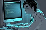 In a dark room, illuminated by a computer screen, a young developer in a white hoodie pours over his code. Image is cartoon style.
