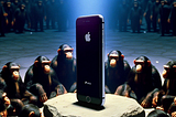 A giant iPhone on a pedestal being worshipped by a circle of apes.