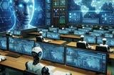 Banner image showing AI robots manning a security operations centre