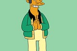 The character Apu from The Simpsons is depicted doing a stereotypical palms-together “namaste” gesture