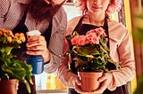 A woman with pink hair, in a pink shirt and flower shop apron, holds a potted plant with pink flowers. A men with a beard, wearing a button up shirt and apron, mists a potted plant with a spray bottle.