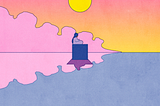 A person sitting on a box in the centre of the drawing with a pink cloud and yellow sun in the background. It looks as if they are sitting on the water, which makes it look like a fairytale.
