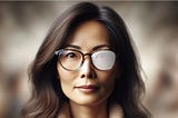 A woman with glasses — one lens is transparent, the other opaque