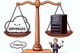 A cloud with the text “serverless” and a server on a scale with equal weight. A man holds out his arms with a question mark near him. There is a speech bubble saying “It depends” coming from the scale.