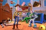 toy story image: buzz give a surprised look at woody in a room full of toys
