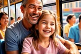 In this image you can see a father and his daughter sitting on a bus in a happy pose.