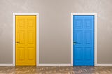 Two different doors (options). One is yellow and one is blue.