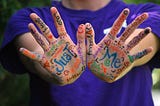 Hands with writing on it.
