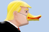 Cartoon of a man who looks like Donald Trump, wearing a duck beak. Lame Duck.