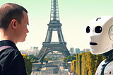 AI generated image with prompt “A humanoid chatbot, with a human face, talking to a tourist, in France with the Eiffel Tower in the background”