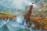 The album cover for the Ayreon album The Theory of Everything, by Jef Bertels, a heavily stylised digital painting of a lighthouse near the ocean.