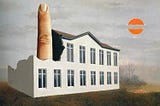 a two-story white house with two rows of windows and an index finger protruding through the roof on the left side, pointing up, a hazy gray sky, and an orange sun with a streak of gray