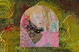 Art collage featuring image of a woman, orange tree and a monkey with a vase in the centre on a background of yellow flowers. The details beneath the woman include a fan, a piece of black lace and pink dried flowers.