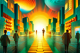 Colorful digital cityscape with tall buildings, swirling clouds, and silhouetted figures walking towards a radiant sunset on a cobblestone path.