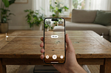 iPhone Measure app interface displaying augmented reality measurement on a wooden table.