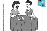 Cartoon of tarot card reading. Reader tells client, “The cards aren’t clear on what your purpose is. But it definitely involves wearing pajamas during the work day.”