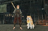 My custom character stands next to the pilgrim dog in Rise of the Ronin.