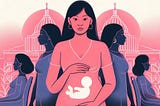 An illustration of a pregnant person of color holding their belly with a glowing silhouette of a fetus inside. They are centered in the foreground, looking forward with a serious expression. Behind them are five other silhouetted pregnant people of color, seated or standing, facing away in various directions. The background features stylized government buildings with domes and torches, evoking the U.S. Capitol.