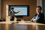 A woman in a dark blazer sits at a conference table with arms folded, looking directly at the camera with a sceptical expression. Behind her, a man gestures at a large screen filled with a project board covered in red circles and sticky notes. The contrast between his enthusiasm and her disbelief captures the familiar tension of a planning meeting where the numbers don’t add up.