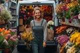 A cheerful florist stands proudly in front of her flower-filled van at the local market.