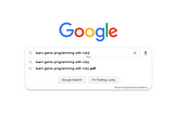 Google search window with the text “learn game programming with ruby”