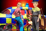 A 1950s image of a cop with a patrol car lecturing a boy on a bicycle. Both the cop’s head and the boy’s head have been replaced with the head of Mark Zuckerberg’s metaverse avatar. The ground has been replaced with a ‘code waterfall’ effect as seen in the Wachowskis’ ‘Matrix’ movies. The background has been replaced with the glaring red eye of HAL 9000 from Stanley Kubrick’s ‘2001: A Space Odyssey.’ The cop’s uniform and car have been decorated to resemble the livery of the Irish Garda (police)
