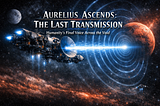 A cinematic sci‑fi illustration showing the spacecraft Aurelius Ascends transmitting a bright blue‑white signal through deep space toward a distant reddish planet. The ship’s antenna dish glows as concentric waves ripple outward, symbolising humanity’s final message before vanishing into the void. The title “Aurelius Ascends: The Last Transmission” and subtitle “Humanity’s Final Voice Across the Void” appear in glowing silver‑white text across the centre.