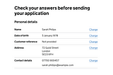 Example of a check your answers form GOV.UK design system