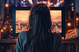 Young woman watching television, view from behind