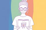 An illustration of a woman with pink glasses holding a notebook with a robot on the cover in front of a colourful rainbow background.